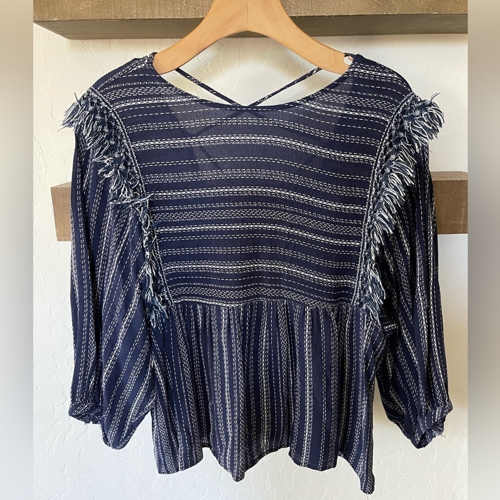 Blue Rain| Francesca’s Beachy Boho Long Sleeve Blouse with Fringe Accents•••